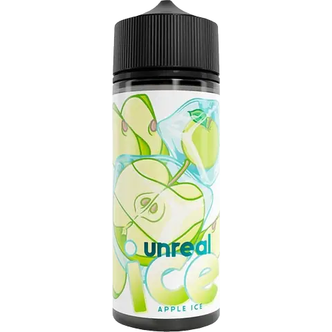 unreal ice 100ml bottle of apple ice vape juice on a clear background